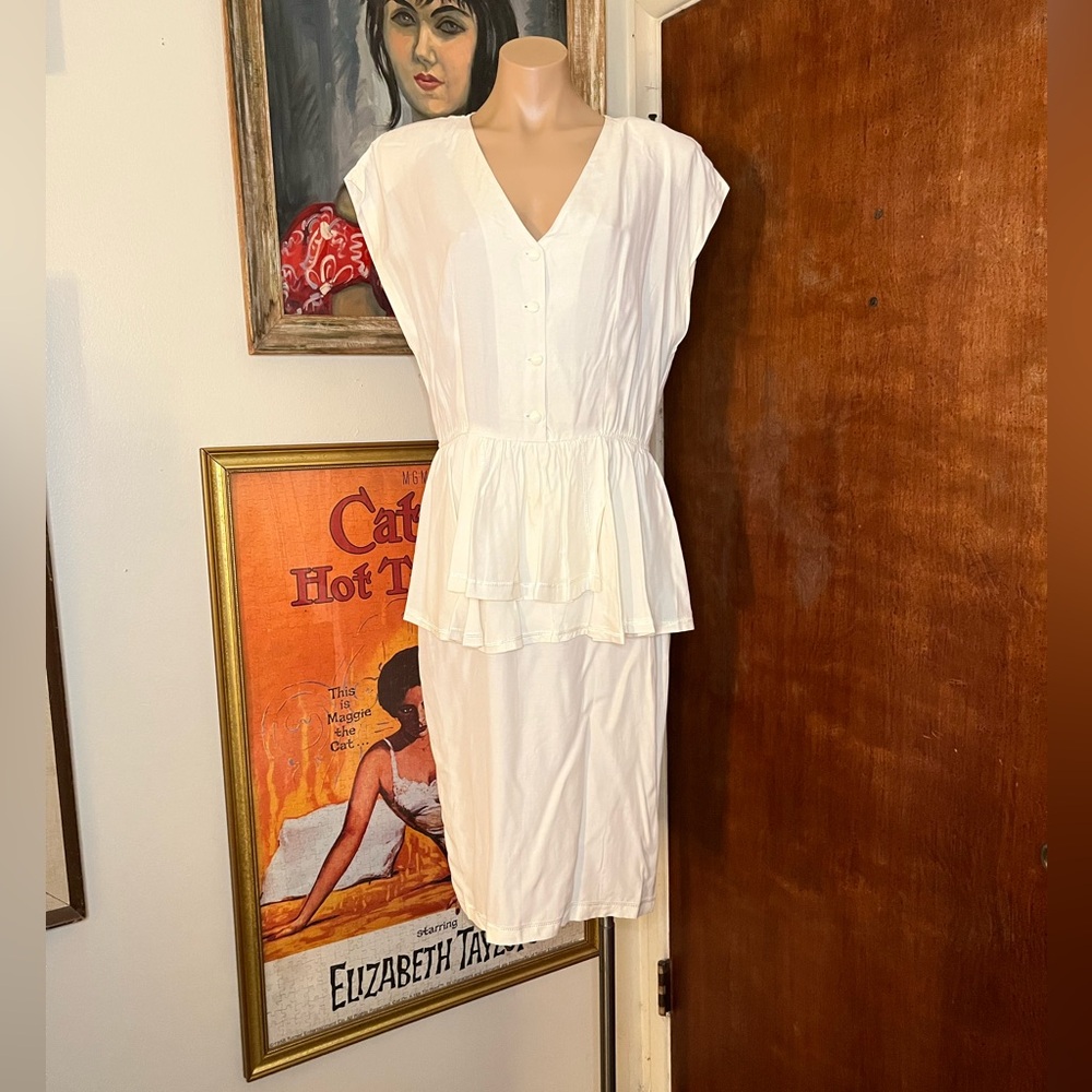 Vintage 80s White Ron Do Casual Peplum Workwear Classy Dress M/L